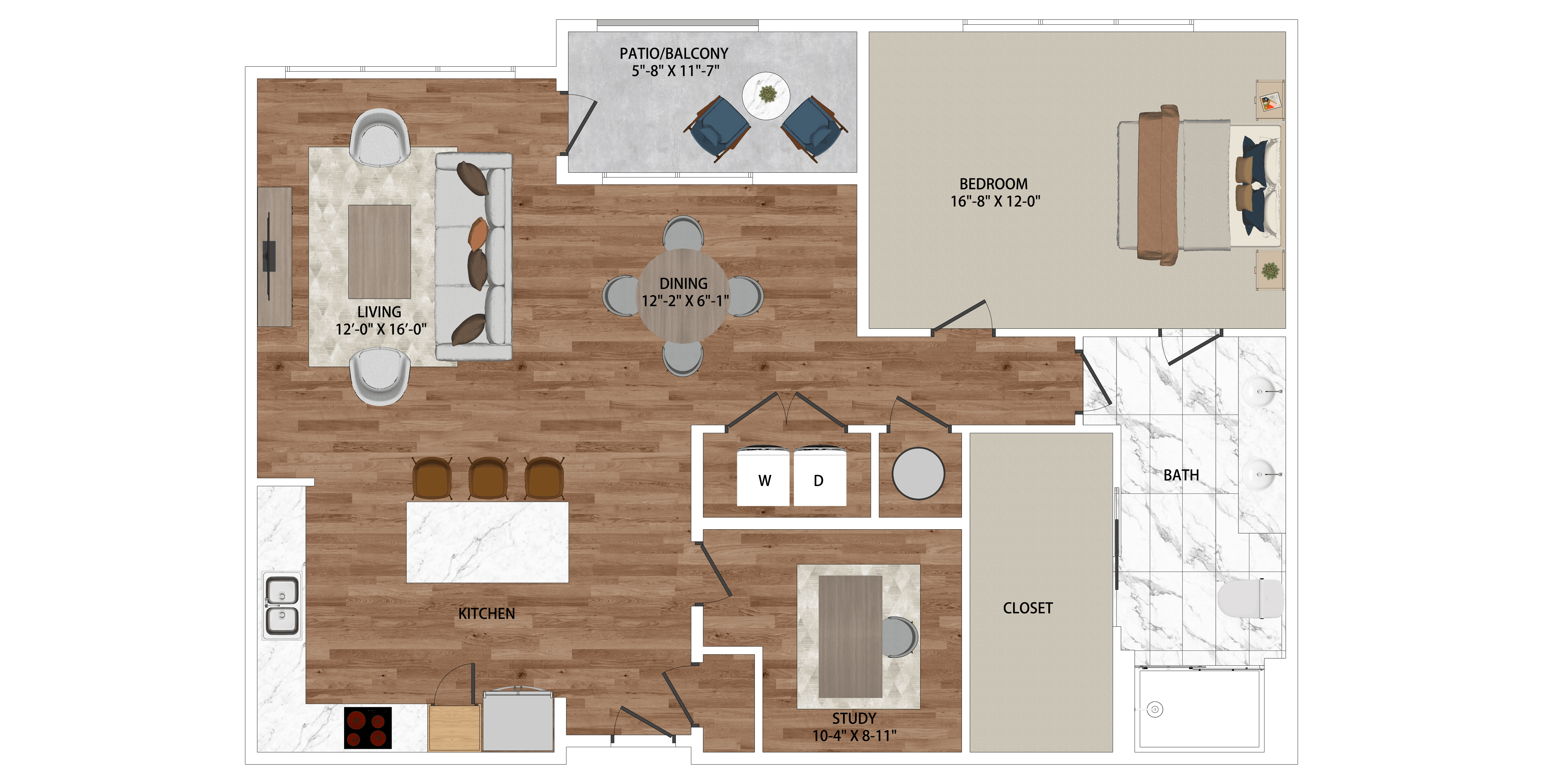 Floor plan for 1 bed, 1 bath, 1165 sqft